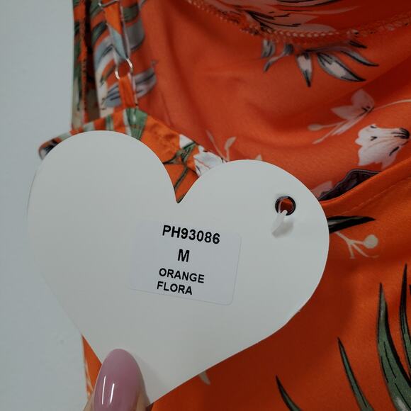 Paper Heart Silky Maxi Dress M Orange Floral Cowl Neck High Slit Garden Party - Picture 8 of 16